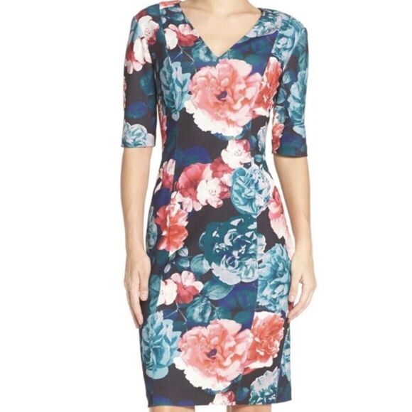 Eliza J Sheath Floral Dress Women’s 6‎ Short Sleeve Zipper Red Green NWT - Picture 1 of 8